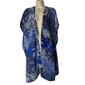 Chico’s Blue Palm Print Beaded Tassel Kimono Cover Up Wrap Beach Women Size S/M